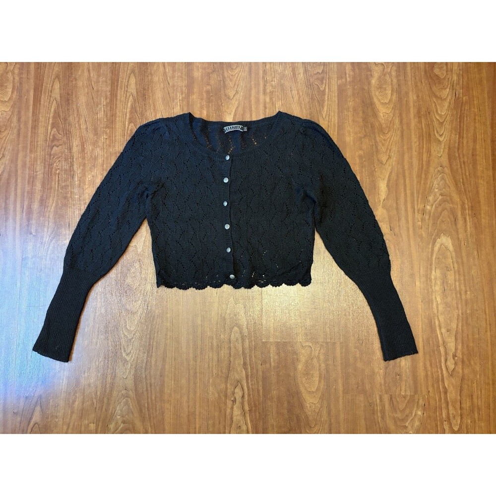 Peruvian Connection Black Pointelle Lace Cardigan Sweater Cropped Baby Alpaca S